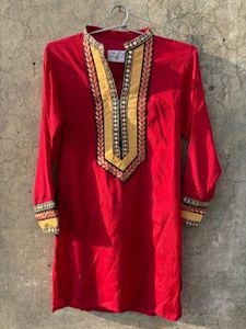 Red Embroidered Kurti With Salwar And Dupatta.