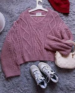 Knitted Pink V Neck Sweater