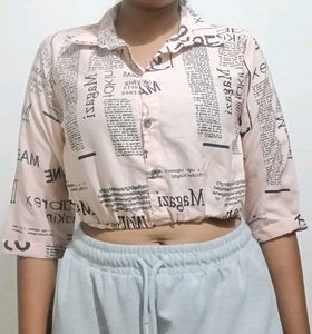 Newsprint Cropped Button-Down Top