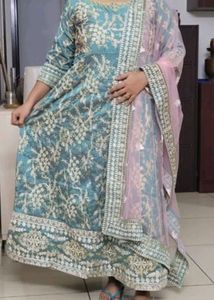 Full Embroidery Sea Green Gown With Pink Dupatta