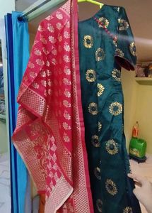 beautiful threads work suit with red duppata