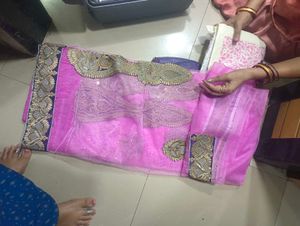 Embroidered Pink net saree In Cash Only 600rs