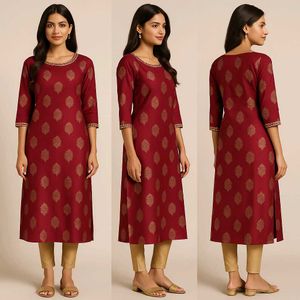 Burgundy & Gold Leaf Print Kurti