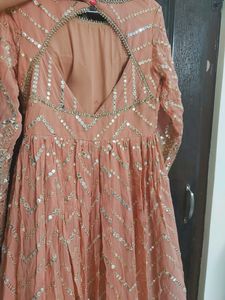Pastel Peach Sequinn Embroidery Evening Gown