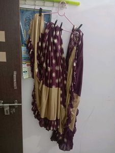 Elegant Purple &amp; Gold Ready To Wear Satin Sa
