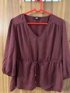 Burgundy V-Neck Cinched Blouse