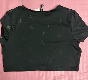 Black Butterfly Print Crop Top