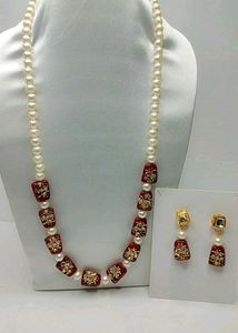 Maroon & Pearl Beaded Necklace and Earring Set