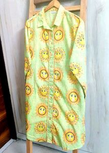 Lime Green Printed Cotton Shirt Size-44 Length-38