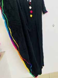 Black Flair Kurtha With Multi Clr Pom Po