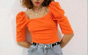 Orange Puff Sleeve Crop Top
