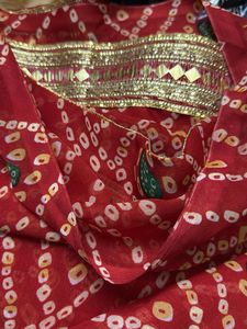 Red Bandhani Sari with Gold Border