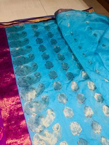Elegant Blue Silk Saree with Pink Border