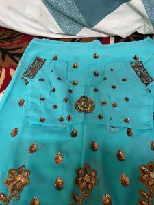Traditional Turquoise Embroidered Saree with Golde