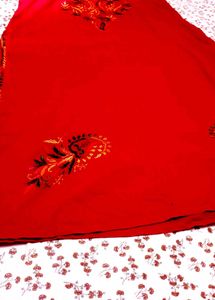 Handwork Chikenkari Red Embroidered Kurta