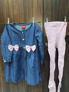 Denim Dress with Pink Leggings