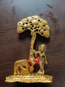Metal Krishna with Cow Standing Under Tree