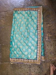 Teal &amp; Gold Embroidered Saree