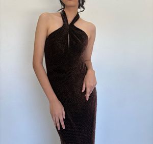 Luxury Brown Halter Maxi Dress