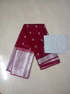 New Party Wear Maroon& Silver Organza Saree
