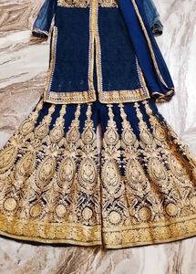 Elegant Navy &amp; Gold Embroidered Kurti Sharara Set