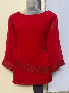 Cottinfab Branded Red Sequence Plus Size Top