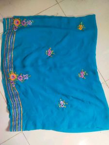 Cyan Blue Embroidered Saree+ Blouse