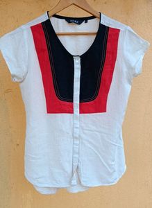 Khadi Look Beige Top w/ Black + Red Bib Collar