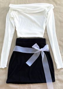 Off shoulder Crop Top Bow Accent Black Skirt Set