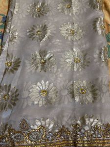 Embroidered Floral Sari And Free  Lack Purse