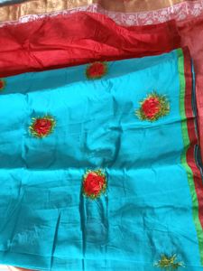 Blue with Red Floral Design ChanderiCotton Saree