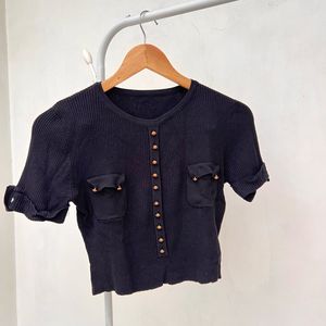 Black Ribbed Knit Top with Gold Versace Buttons
