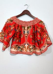 Ginger Red Floral Shoulder Drop Crop Top