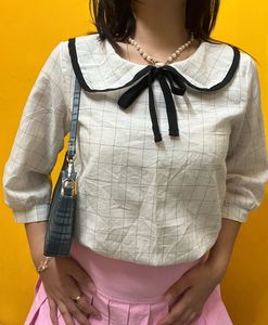 White Black Strip Korean Bow Top