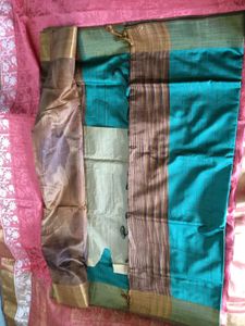 Handwoven Silk Plaid Fabric Saree -SeaGreen