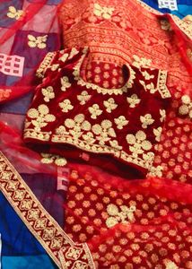 Elegant Cherry Red &amp; Gold Lehenga Set