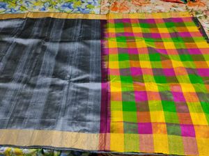Grey Raw Silk Saree With Checked Pallu And Pleats