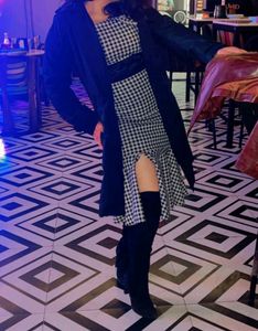 Checkered Cut Sleeves Midi Winter Dress