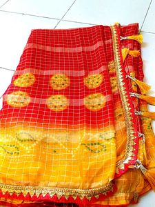 Red & Yellow Checked Saree