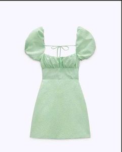 ZARA - Green Gingham Check Puff Sleeves Dress