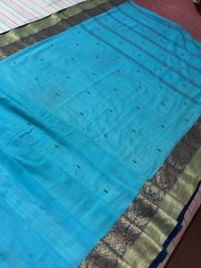 Cyan Color Saree with (blue) Gold Border