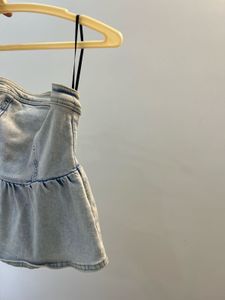 Denim Tube Top with Peplum Hem