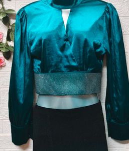 Size S/M 🎁Buy 2 Get 1 Free 🎁Teal SatinCrop Top