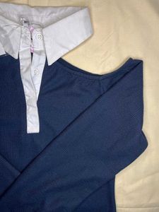 Elegant Navy Blue Cold-Shoulder Polo Shirt
