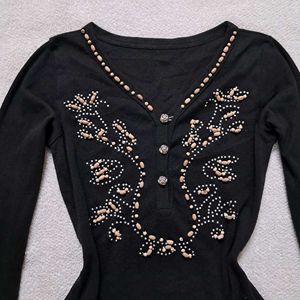 Y2k Black Embellished Long Sleeve Fitted  Top