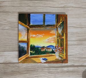 Window sunset view painting