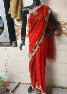 Red Georgette Saree Beads And Seep Work