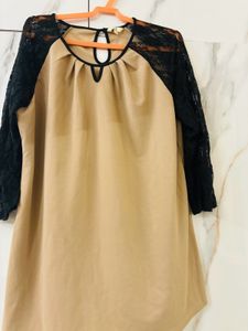 Beige Top With Black Net Sleeves