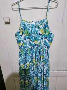 Sky Blue And Green Floral Print Dress