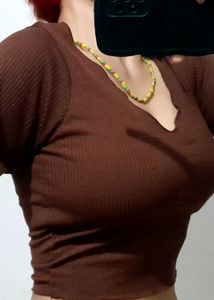Brown Ribbed V-Neck Crop Top